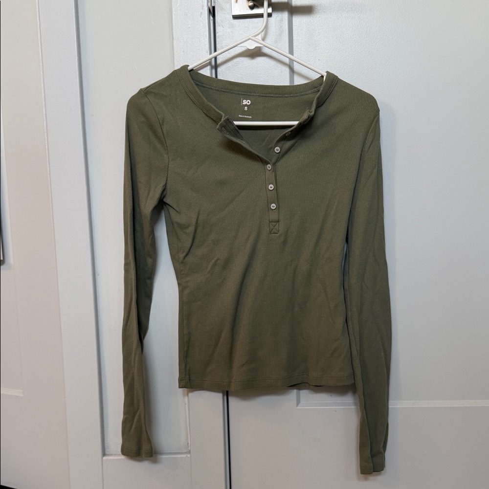 SO Olive Green Long Sleeve Button Henley Top